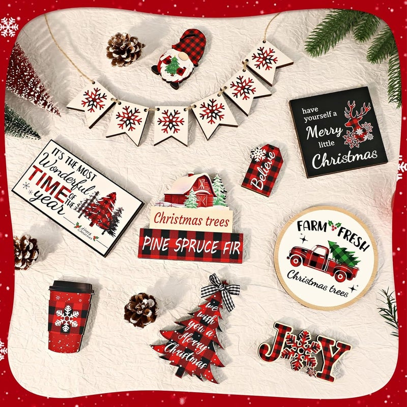 FINDRICH 20 Pcs Christmas Tiered Tray Decor - Christmas Decorations Indoor Table Centerpieces Red and Black Buffalo Plaid Tray Decor with Snowflake, Xmas Tree, Gnome Wooden Signs for Home Shelf Decor - Image 5